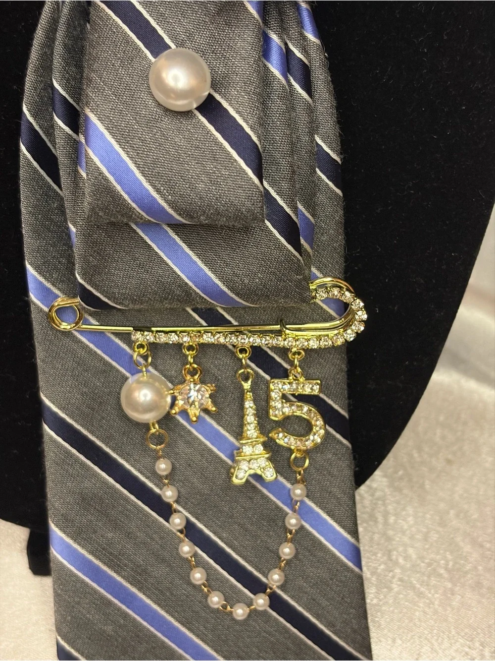 Jones New York Gray and Blue Striped Silk Tie Scarf with Pearl Accents